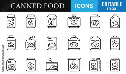 Minimalist vector pack of canned meals, pantry items, and preserved food containers