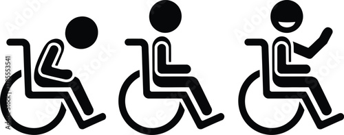 Wheelchair User Icon Evolution Despair to Neutral to Joyful, Black and White Pictogram Style