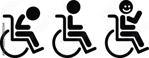 Wheelchair Icons Progressing from Sadness to Neutral to Happiness, Accessibility and Empowerment Symbolism