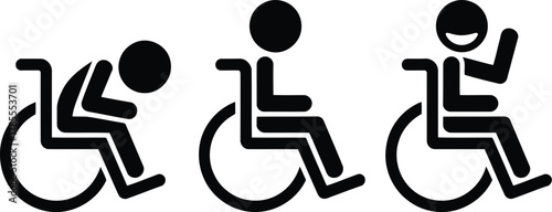 Wheelchair User Mood Evolution Icon Set Depicting Sadness, Neutrality, and Happiness, Black on White