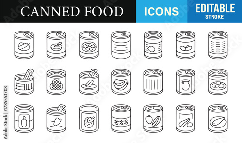 Thin-line food storage icons including tins, labels, jars, and preserved meal items