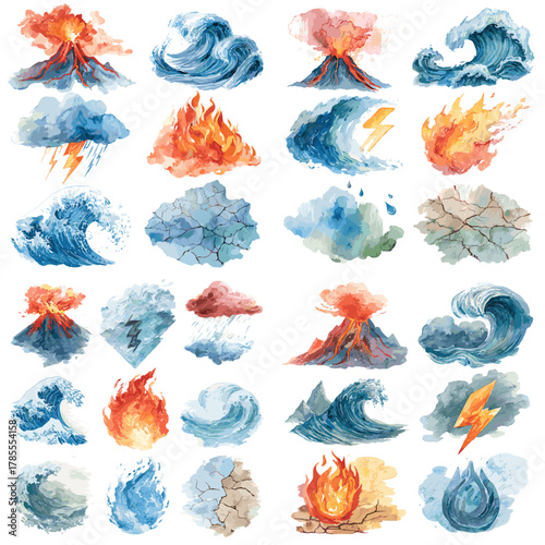 Watercolor illustration set of dramatic waves, storms, fire, lightning, earthquakes, and volcano eruptions representing powerful natural elements.