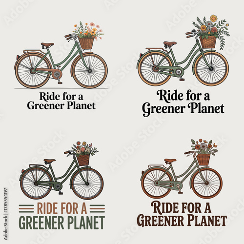 Four vintage bicycles with flower baskets and eco-friendly slogans bike retro