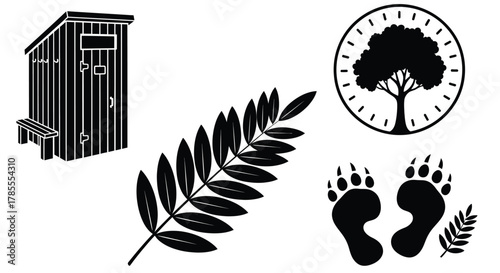 Outdoor privy, tree logo, leaf, and bear paw prints for nature themes