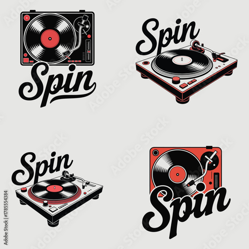 Four vintage style turntable illustrations with retro typography record player vinyl