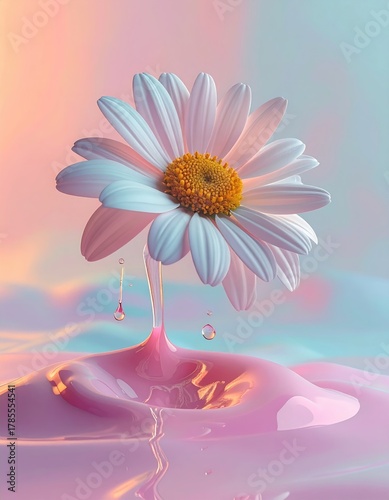Daisy over pink liquid, pastel hues, gentle flow