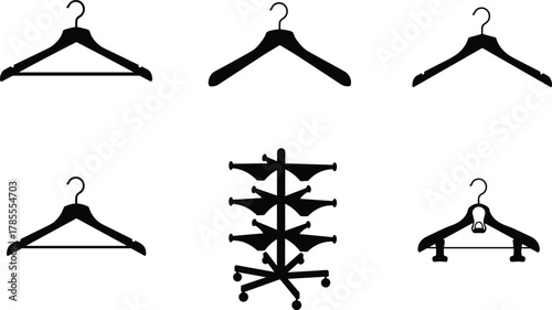 Clothes hanger vector set, modern garment hangers and rack silhouettes collection, wardrobe organization tools for fashion store and laundry design