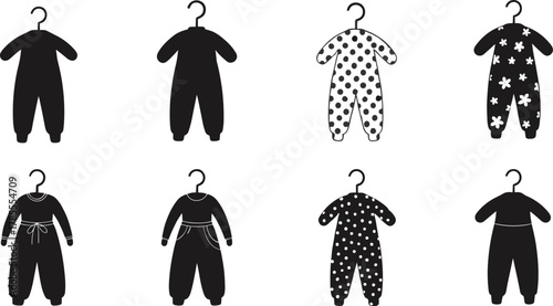 Black and white baby jumpsuit collection, cute infant romper vector illustration, newborn clothing design set with polka dots and flowers