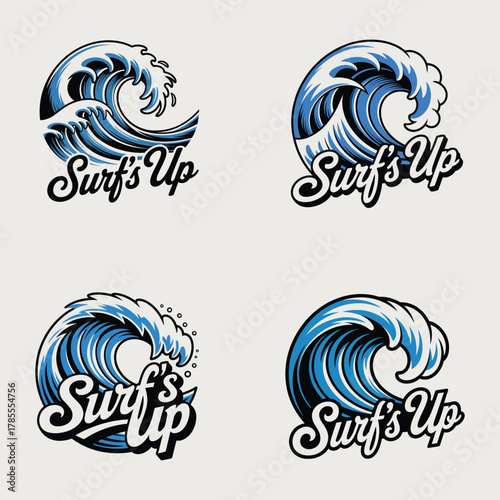 Four stylized surf wave logos with text " Surf's Up surfing ocean