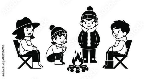 Happy children gather around a warm campfire enjoying cozy winter evening outdoors