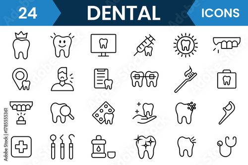 Dental icon vector set design. Set of dental icons, tooth, protect, dentist, implant, teeth, dentistry, medical healthcare tooth icon, toothpaste, toothbrush,  shiny smile etc. Vector illustration.