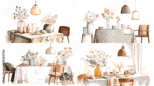 Watercolor illustration of decorated dining tables with flowers, vases, linens, chairs, and soft lighting in warm modern interior style.