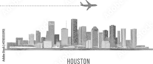 Houston Skyline with Airplane Silhouette Halftone Graphic