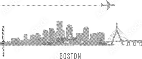 Boston Cityscape Skyline with Airplane and Dotted Flight Path