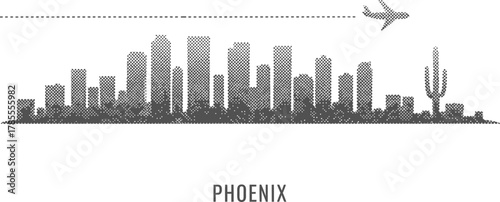 Minimalist Phoenix Skyline with Airplane and Saguaro Cactus