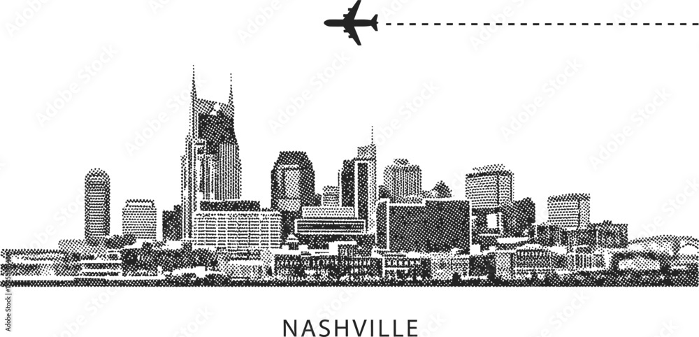 Obraz premium Nashville Skyline with Airplane Silhouette and Dotwork Style