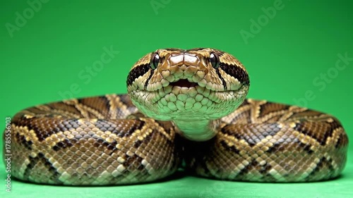 Wallpaper Mural Close Up Shot Of A Brown Snake With Yellow And Black Patterns Sticking Out Its Pink Tongue Against A Bright Green Backdrop Torontodigital.ca