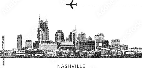 Nashville Skyline with Airplane Silhouette and Dotwork Style