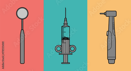 Essential dental tools including mirror, syringe, and drill on vibrant backgrounds