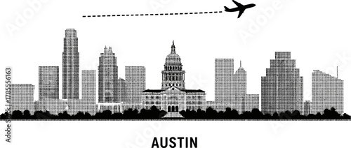 Austin Skyline Silhouette with Airplane and Dashed Line