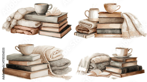Watercolor illustration of stacked books, cozy blankets, and warm coffee cups, creating a soft and relaxing reading atmosphere.
