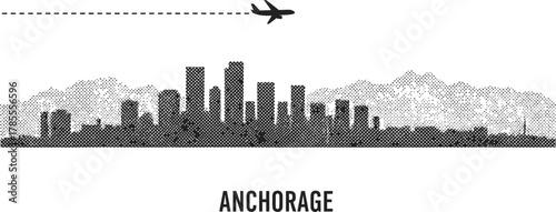 Black and White Skyline Silhouette of Anchorage with Airplane