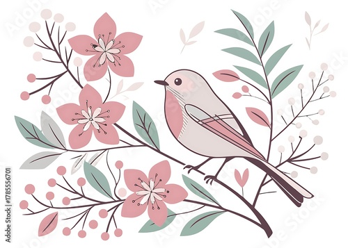 Soft nature illustration for nursery decor, depicting a sweet robin among stylized spring blossoms and twigs.
