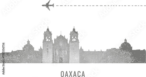 Oaxaca Skyline Silhouette with Airplane and Flight Path