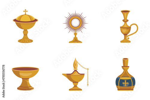 Outline color icons for holy service, illustrating chalice, monstrance, thurible, cruets, and decorative religious implements,