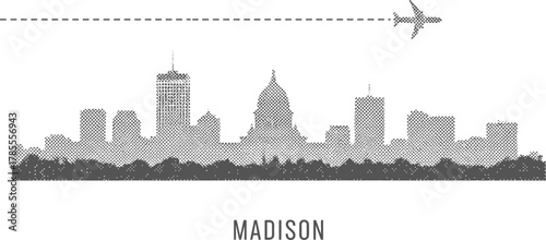 Madison Wisconsin Skyline and Airplane in Pixelated Style