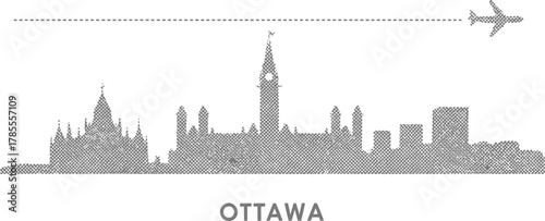 Ottawa Skyline Silhouette with Airplane and Dashed Line