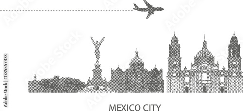 Mexico City Skyline with Airplane Travel Illustration