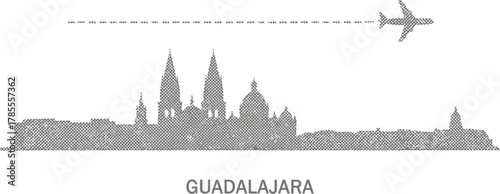 Guadalajara Skyline Silhouette with Airplane and Contrail