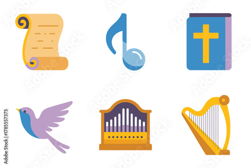 Flat vector icons for sacred music, featuring scroll, music note, Bible, harp, organ, dove, and religious text,