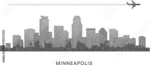 Minneapolis Skyline with Airplane in Dot Pattern Style