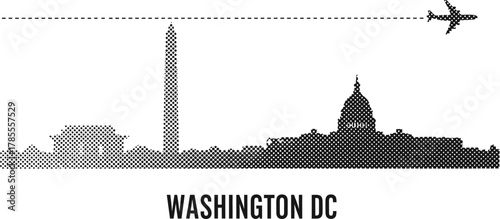 Washington DC Skyline Silhouette with Airplane and Dash Line