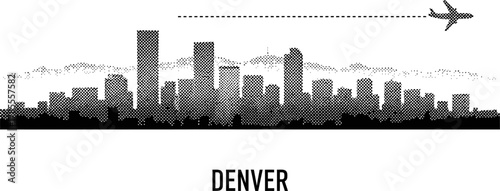 Denver Skyline Silhouette with Airplane and Dotted Line