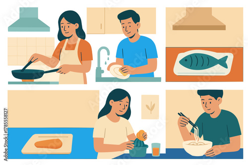 Illustrated scenes of individuals engaging in diverse everyday kitchen activities, showcasing food preparation, cooking, cleaning, and enjoying meals at home