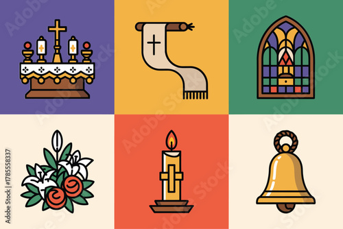 Outline color icons for ceremonial decor, illustrating candles, cross, flowers, bell, scroll, and decorative crown elements,