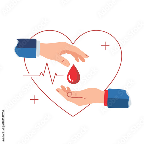 Concept of blood donation for saving lives, with hands carefully passing a drop of blood inside a heart with a heartbeat line.