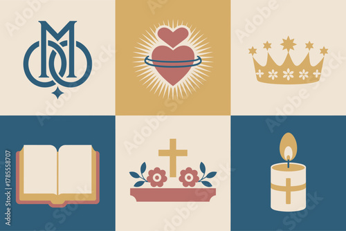 Outline color icons for religious devotion, illustrating crown, sacred heart, monogram, altar, candle, and holy scripture book,
