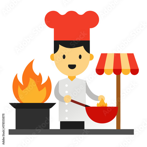Thai Street Chef Cooking Pad Thai on Wok Vector Illustration