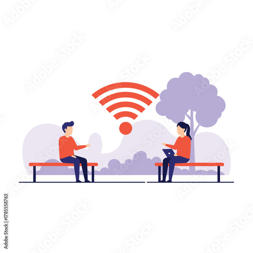 Man and woman using free public wifi while social distancing on separate park benches, connecting online in an urban park.