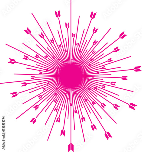 Pink Starburst or Sunburst Pattern Made of Arrows on White Background Keywords: pink, starburst, sunburst, explosion, radiating, lines, arrows, fletching, sharp, pointed, symmetrical, pattern