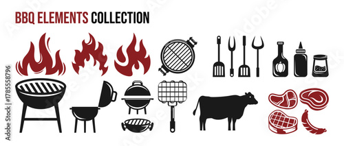 Barbeque grill party element icon bundle, fire, bbq, barbecue meat, sausage fork restaurant icon set