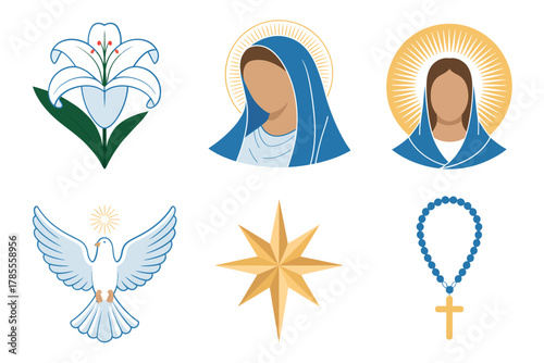 Outline color icons for Christian symbols, illustrating lilies, Virgin Mary, dove, halo, star, and rosary beads,