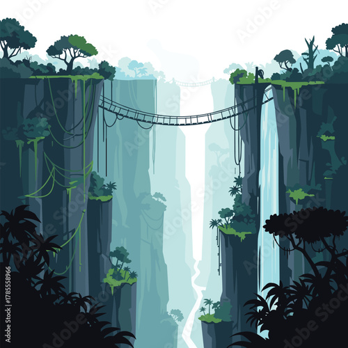 An expansive jungle landscape with a high rope bridge spanning a deep canyon with waterfalls and a winding river below.