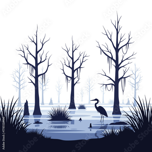 A monochromatic blue silhouette of a swamp or marsh with bare trees, Spanish moss, and a great blue heron wading.