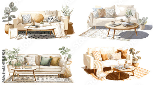 Watercolor illustration of cozy living rooms with sofas, rugs, plants, pillows, and wooden tables in warm, modern Scandinavian-inspired decor.
