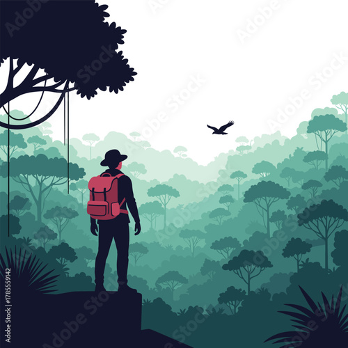 Silhouette of a hiker with a red backpack standing on a cliff edge, looking out over a vast, misty jungle canopy.